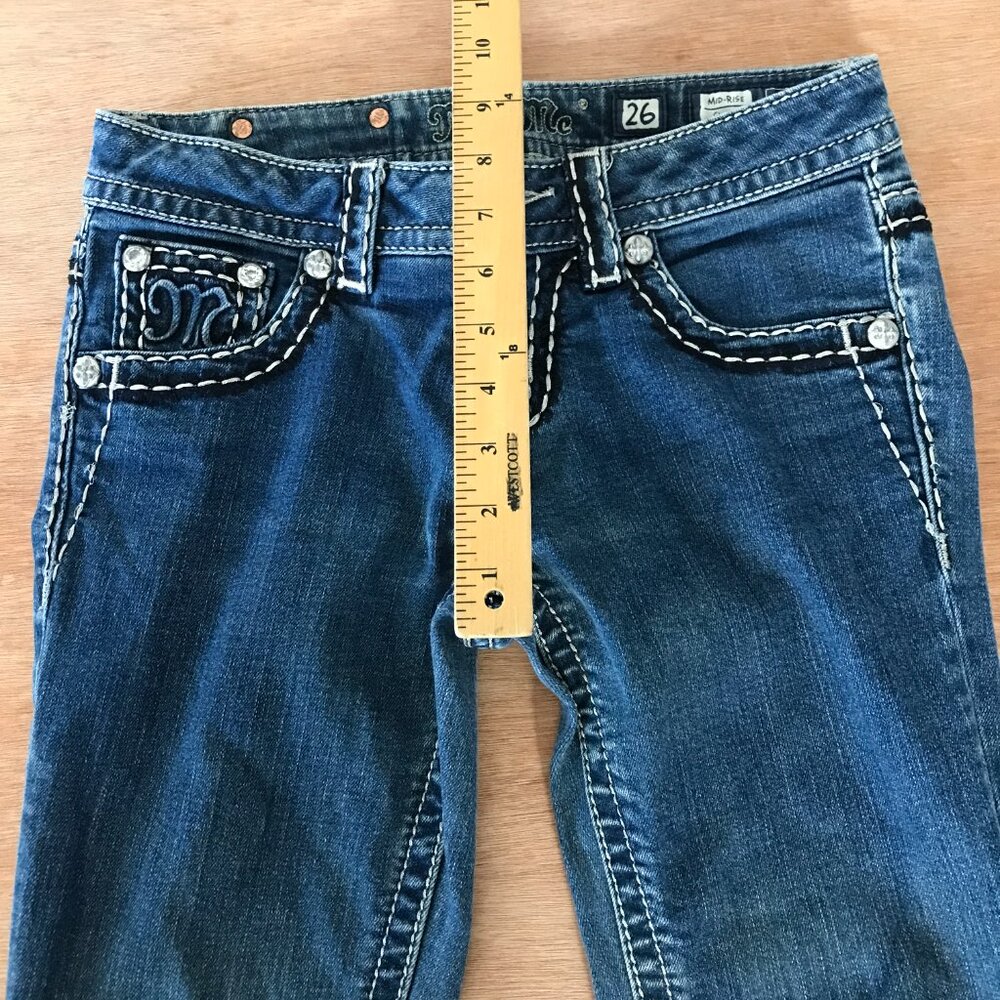 Miss Me Mid Rise Skinny Jeans Women 26 Blue Embellished Thick Stitch Studded - Picture 10 of 16